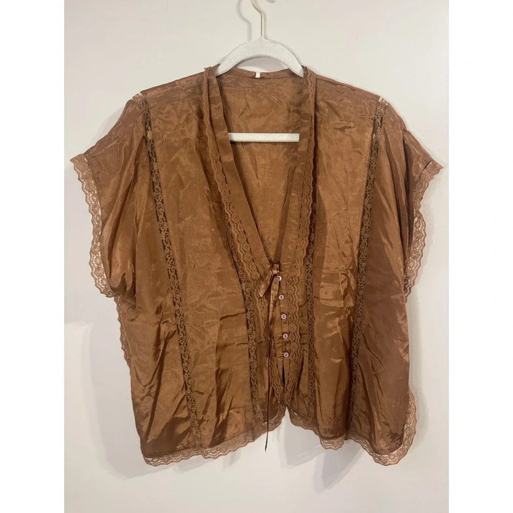 Free People Lace Trim Satin Tie Front Blouse Bronze Brown NWT